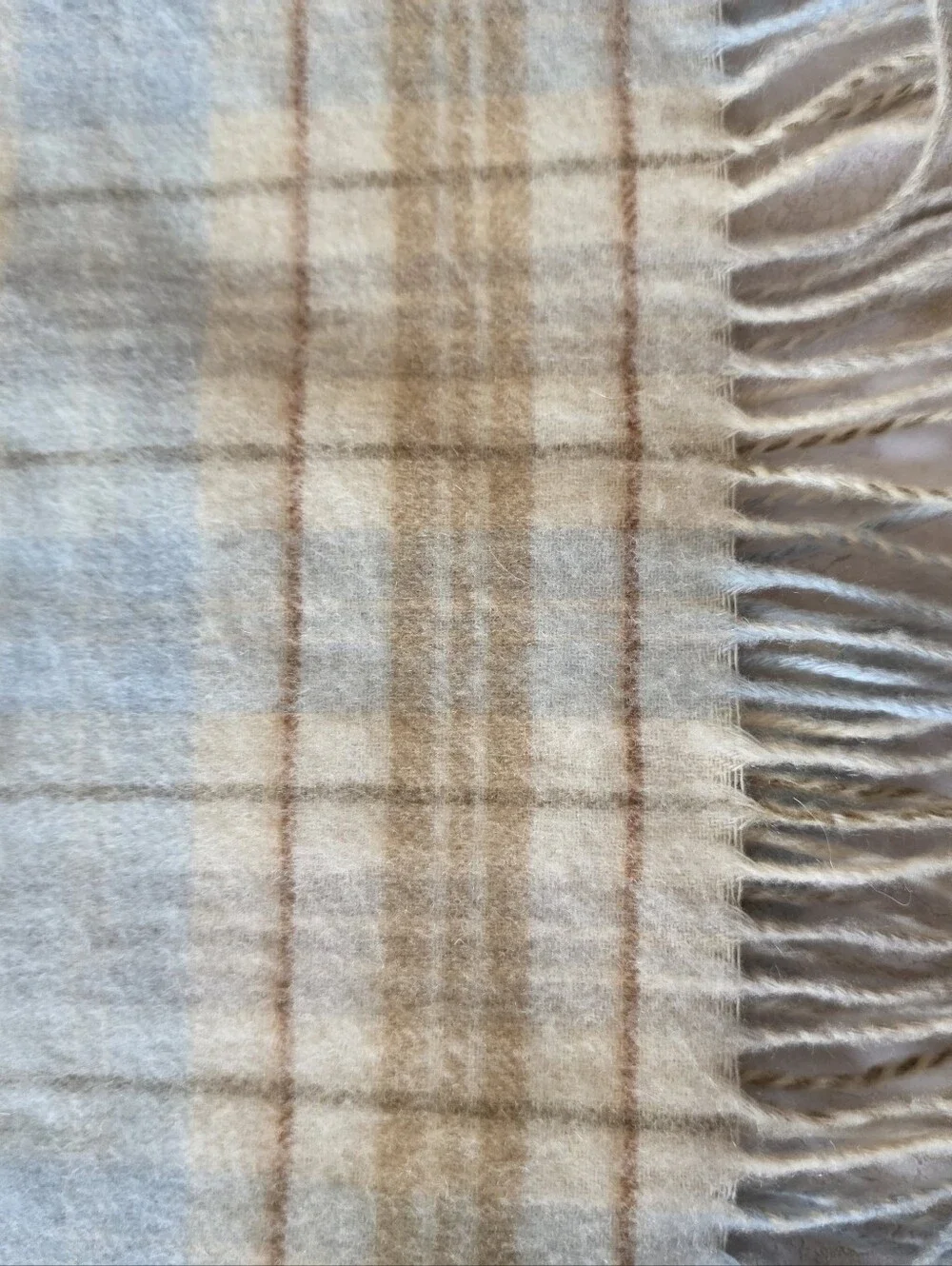 Valerie Stevens 100% Cashmere Scarf Made Germany Plaid Icy Blue Tan Fringe